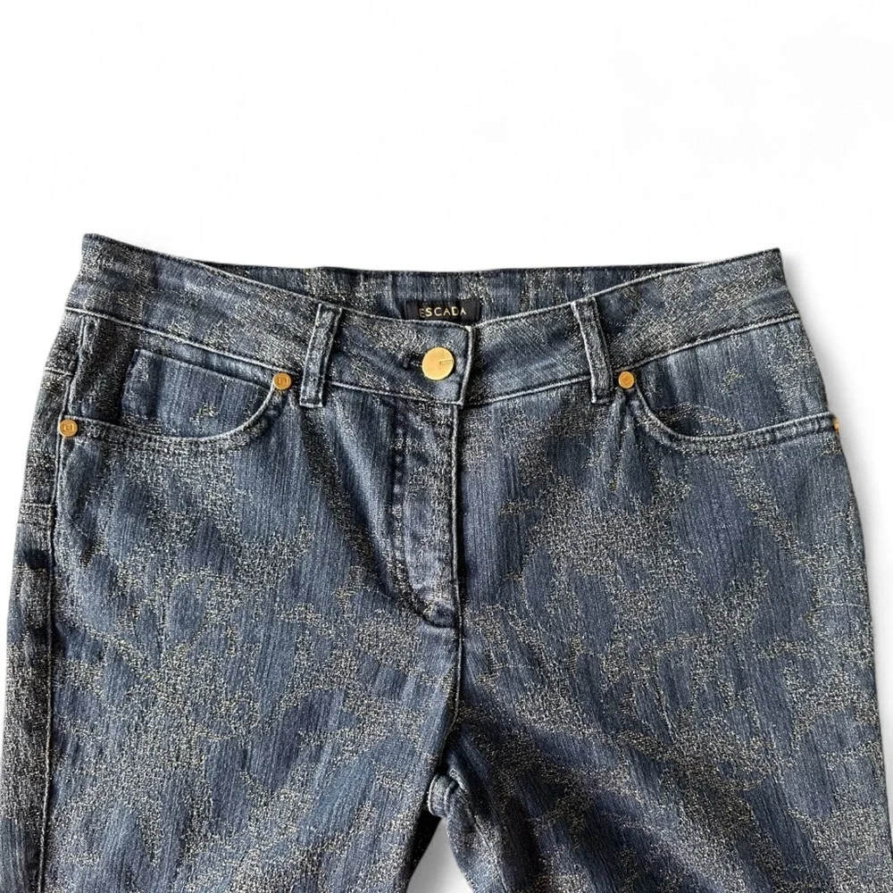 ESCADA BLUE GOLD SHIMMER METALLIC DENIM STRAIGHT LEG JEANS SZ 38 / 8 - Picture 3 of 10